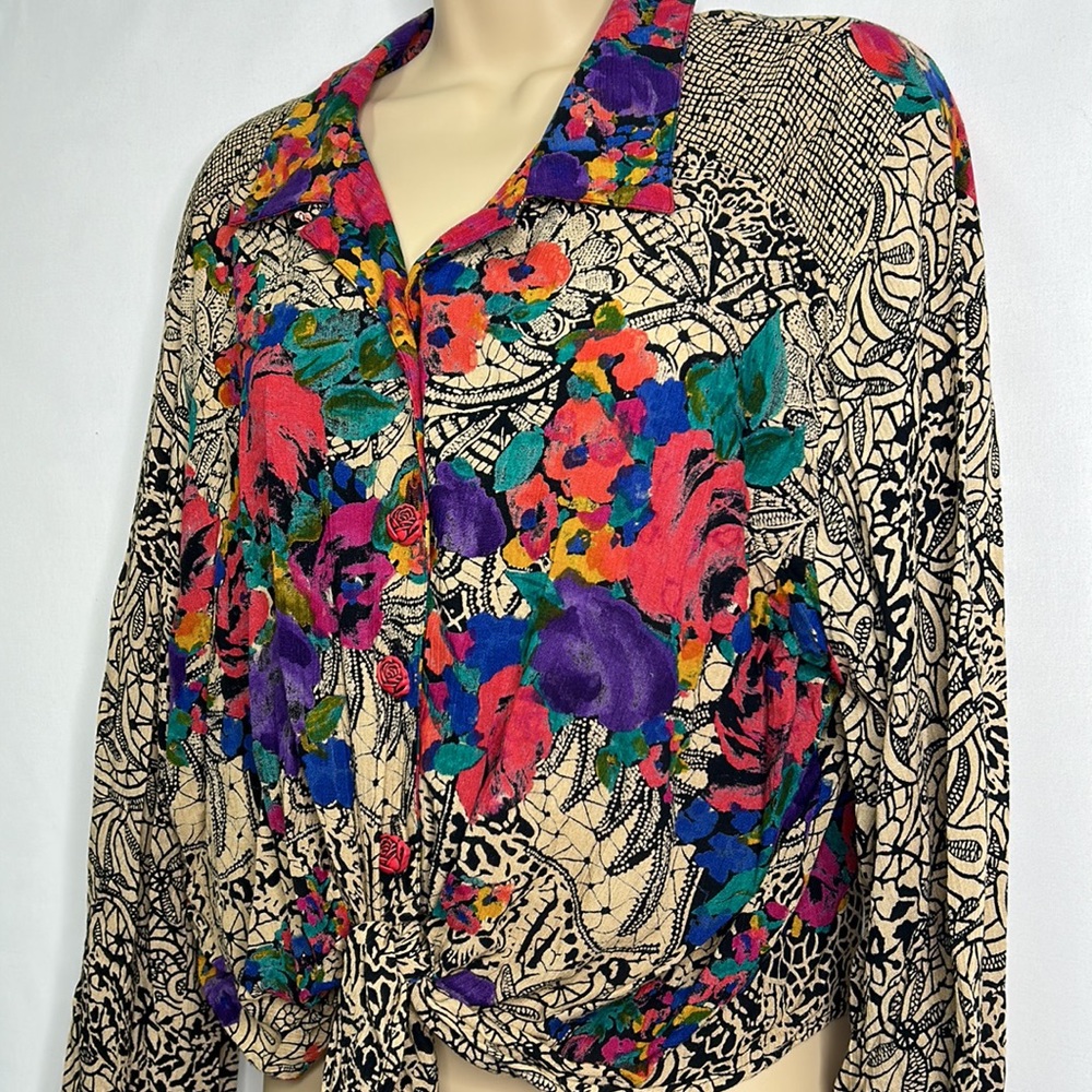 Carole Little petites floral art boho tie front button down long sleeve blouse - Picture 3 of 7